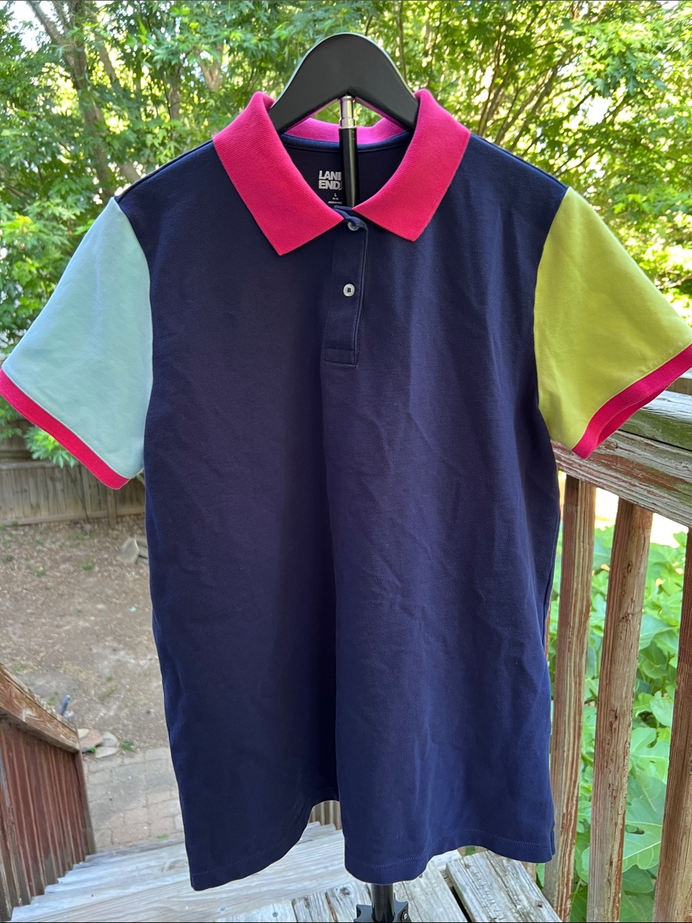 Lands' End Navy Colorblock Polo with Pink Collar